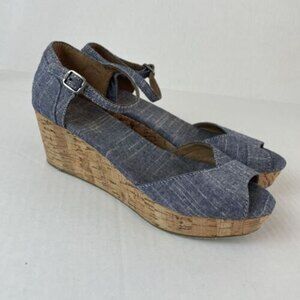 Toms Platform Heels Cork Wrapped Sandal Peep Toe Denim Blue Jean Women 8​​​​​